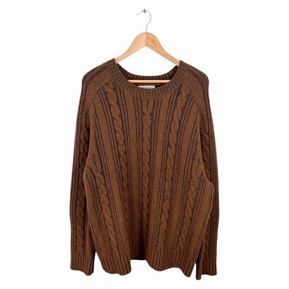 Banana Republic Men's XL Cable Knit Sweater Brown Wool Blend Crewneck Pullover